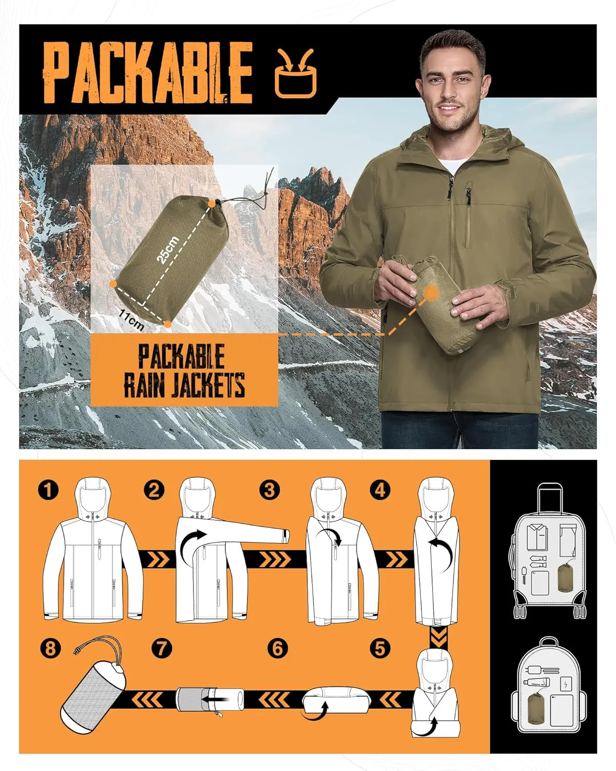 33,000ft Men's Packable Rain Jacket Lightweight Rain Shell Jacket with Hood Waterproof Raincoat for Cycling