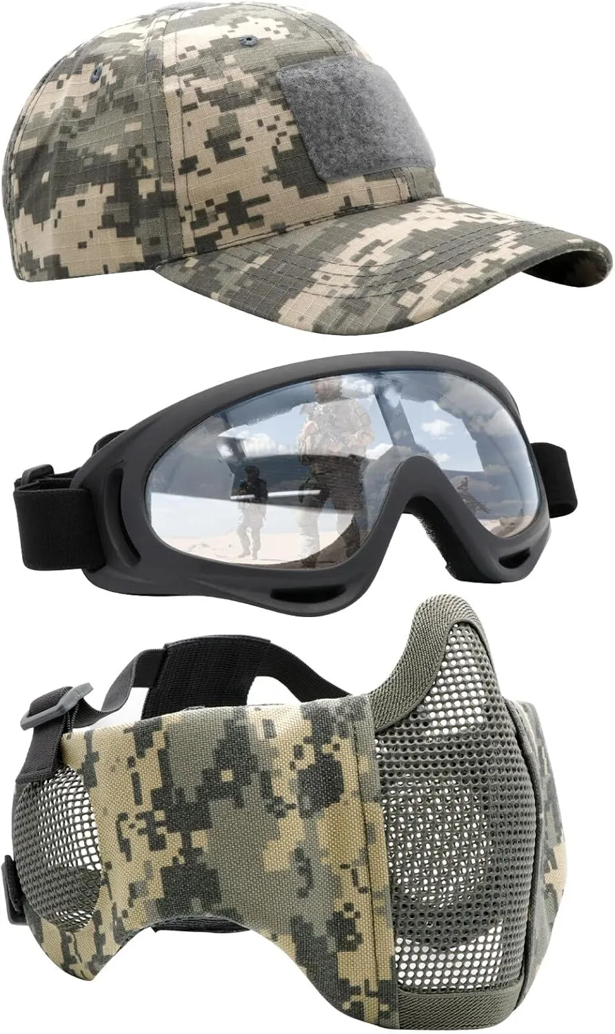 Airsoft Mask with Goggles, Foldable Half Face Airsoft Mesh Mask with Ear Protection for Paintball Shooting Cosplay CS Game