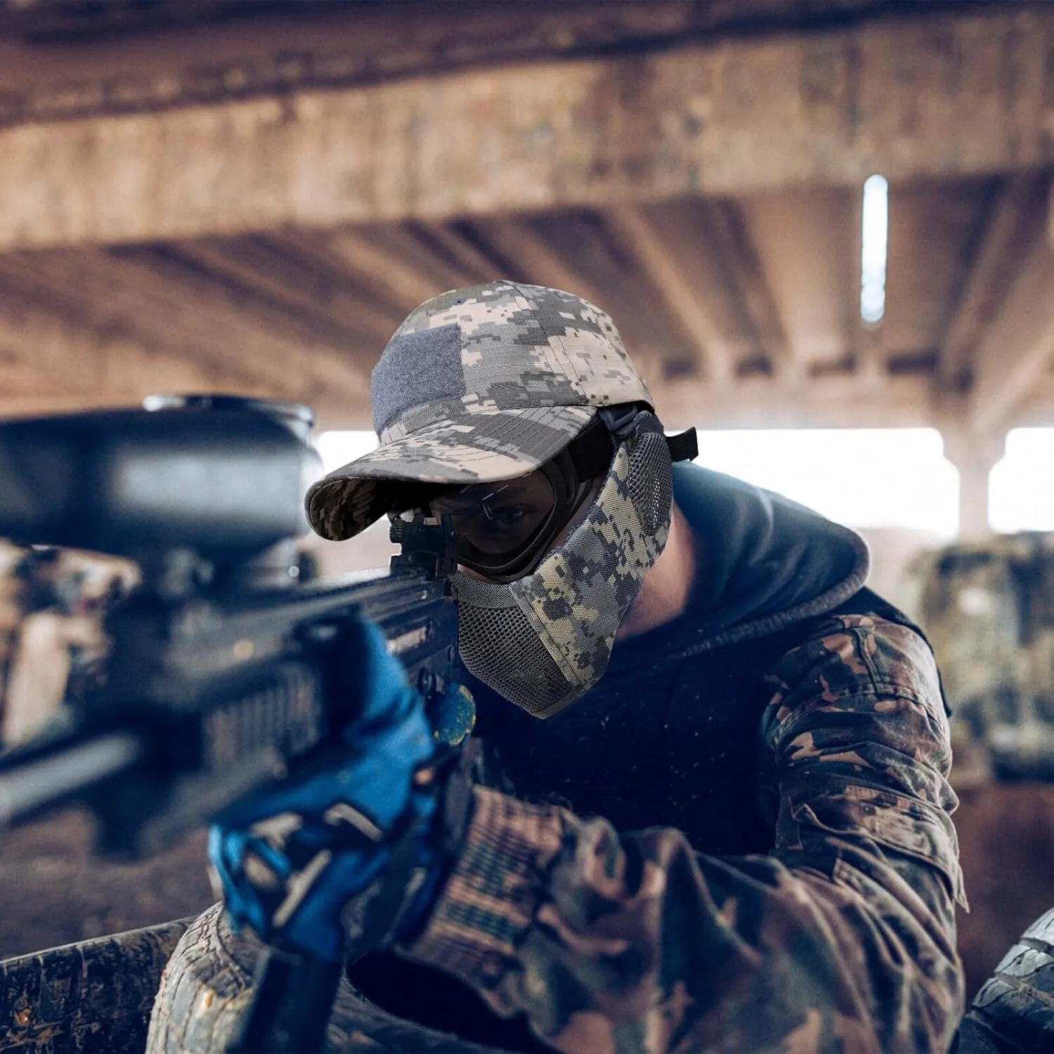 Airsoft Mask with Goggles, Foldable Half Face Airsoft Mesh Mask with Ear Protection for Paintball Shooting Cosplay CS Game