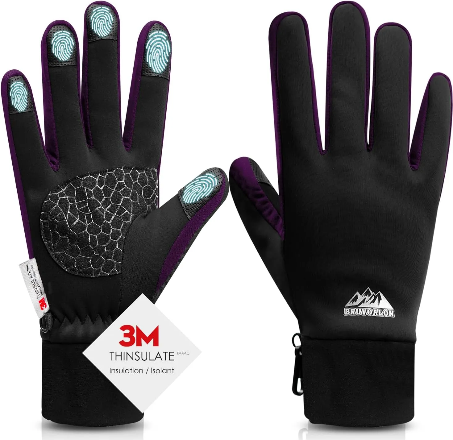 Bruvoalon W429 Winter Gloves for Women & Men - 3M Thermal Insulation & Lycra Fabric Surface & Windproof Coating, Touchscreen, Anti-Slip for Skiing, Running, Cycling, Hiking, Sports, Cold Weather
