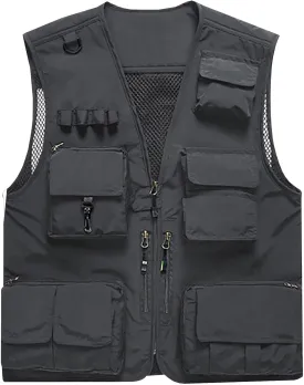 Flygo Men's Casual Lightweight Outdoor Fishing Work Safari Travel Photo Cargo Vest Jacket Multi Pockets
