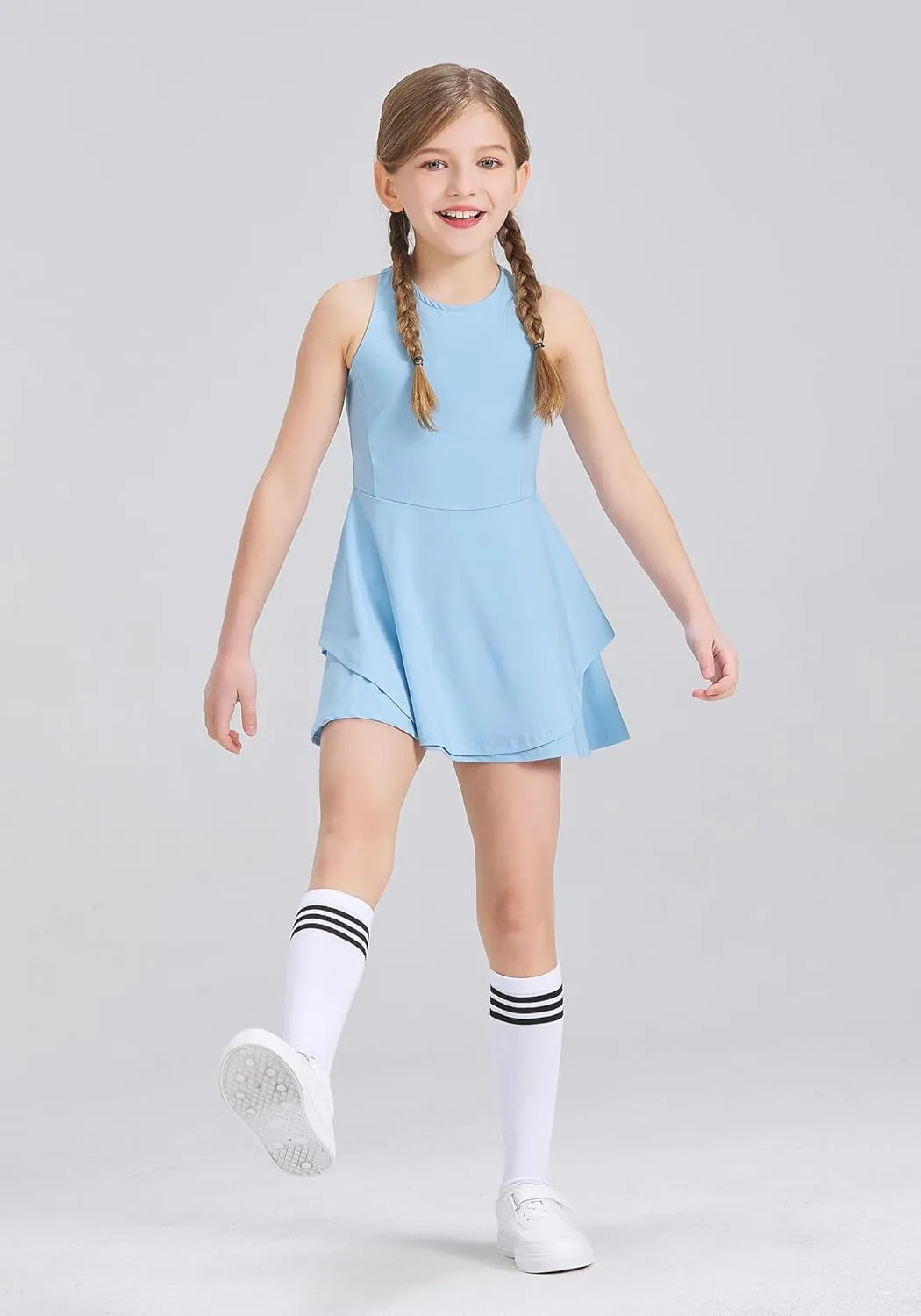 Kids Girls Tennis Golf Dress Outfit Sleeveless Dress with Shorts Pockets 2 Piece Sport Athletic Sets