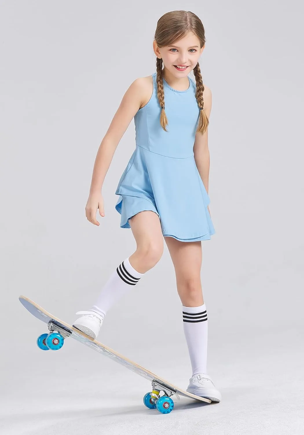 Kids Girls Tennis Golf Dress Outfit Sleeveless Dress with Shorts Pockets 2 Piece Sport Athletic Sets