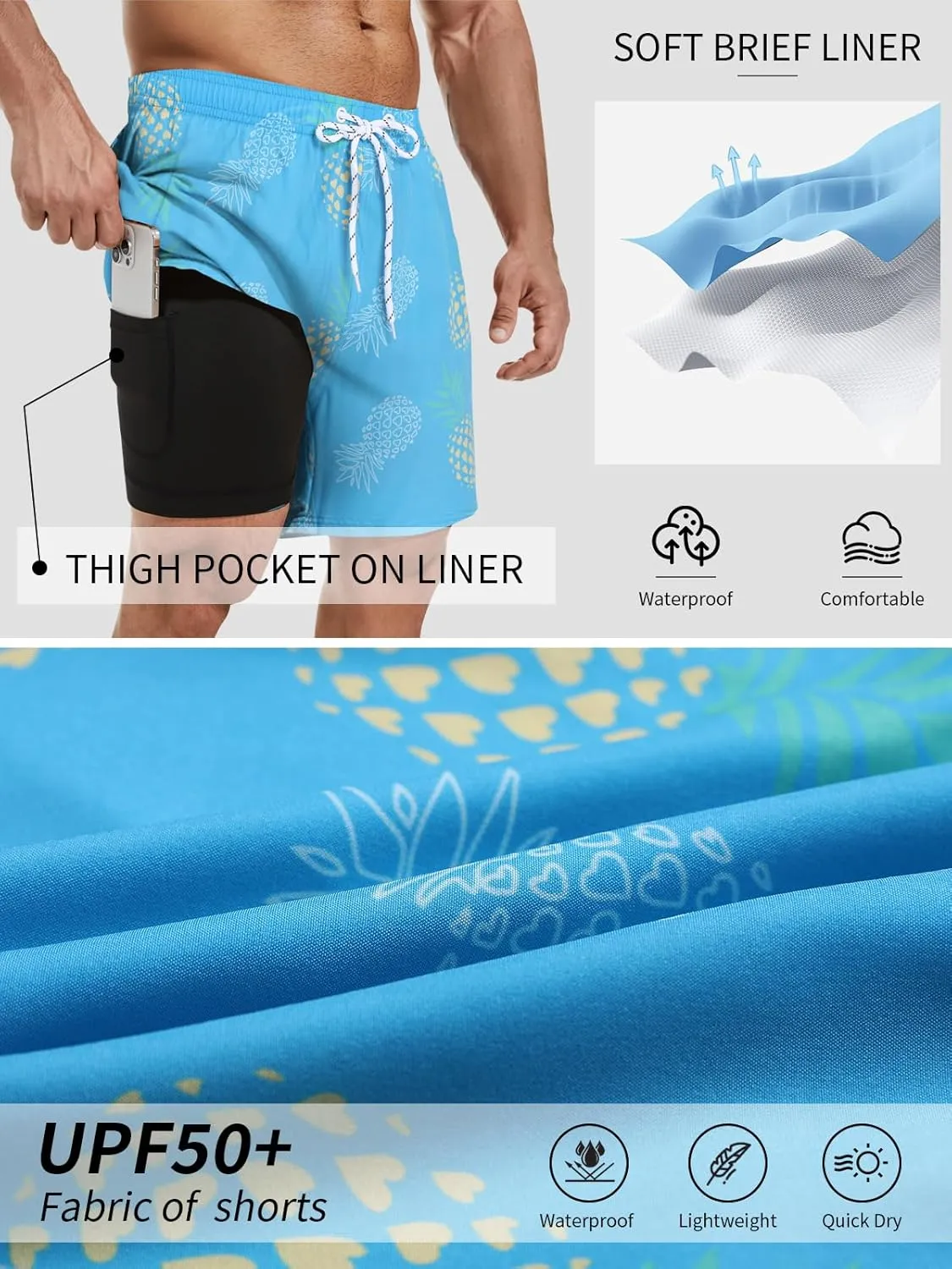 Mens Swim Trunks with Compression Liner 7" Inseam Quick Dry Board Shorts Swim Shorts Bathing Suits