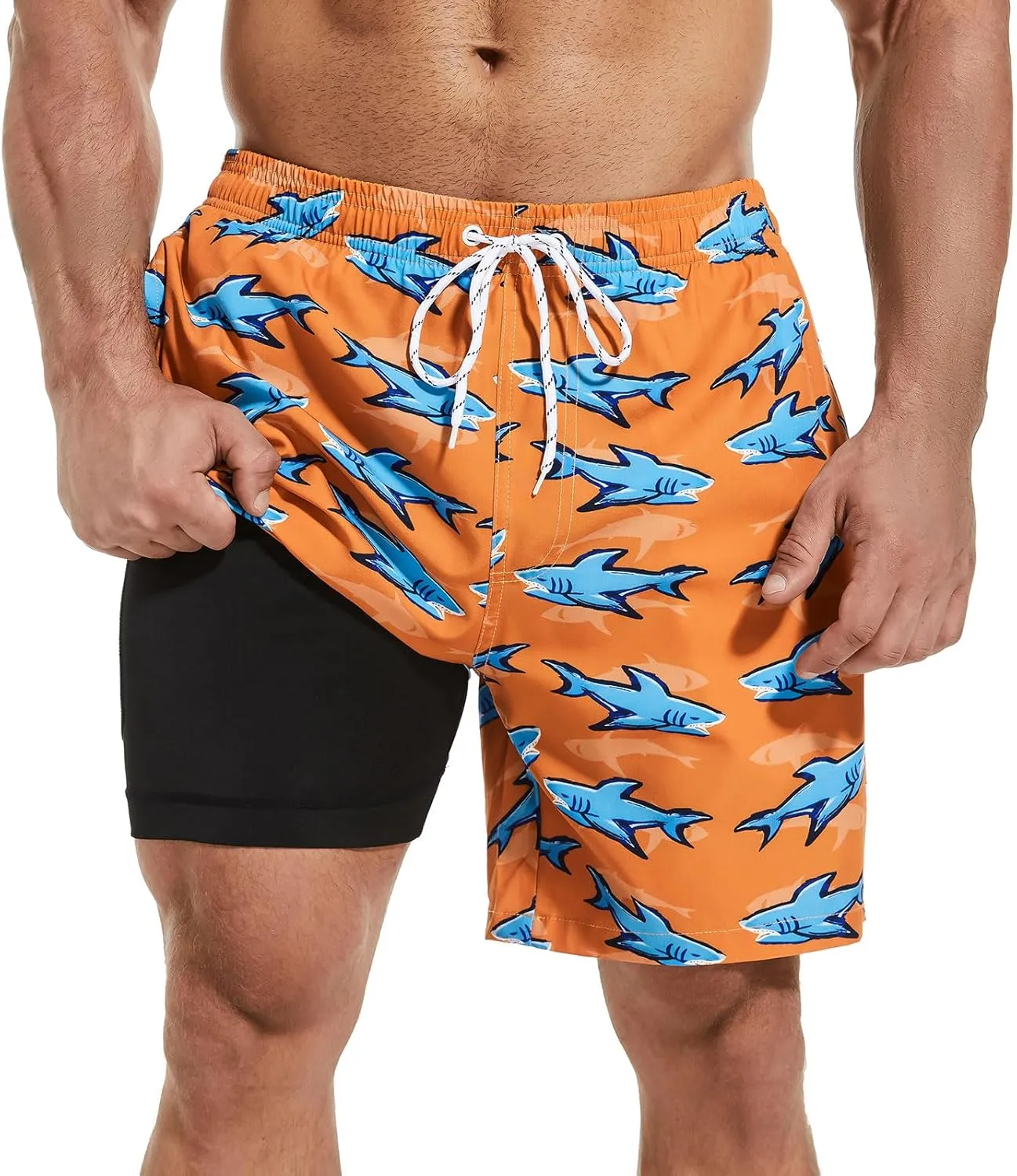 Mens Swim Trunks with Compression Liner 7" Inseam Quick Dry Board Shorts Swim Shorts Bathing Suits