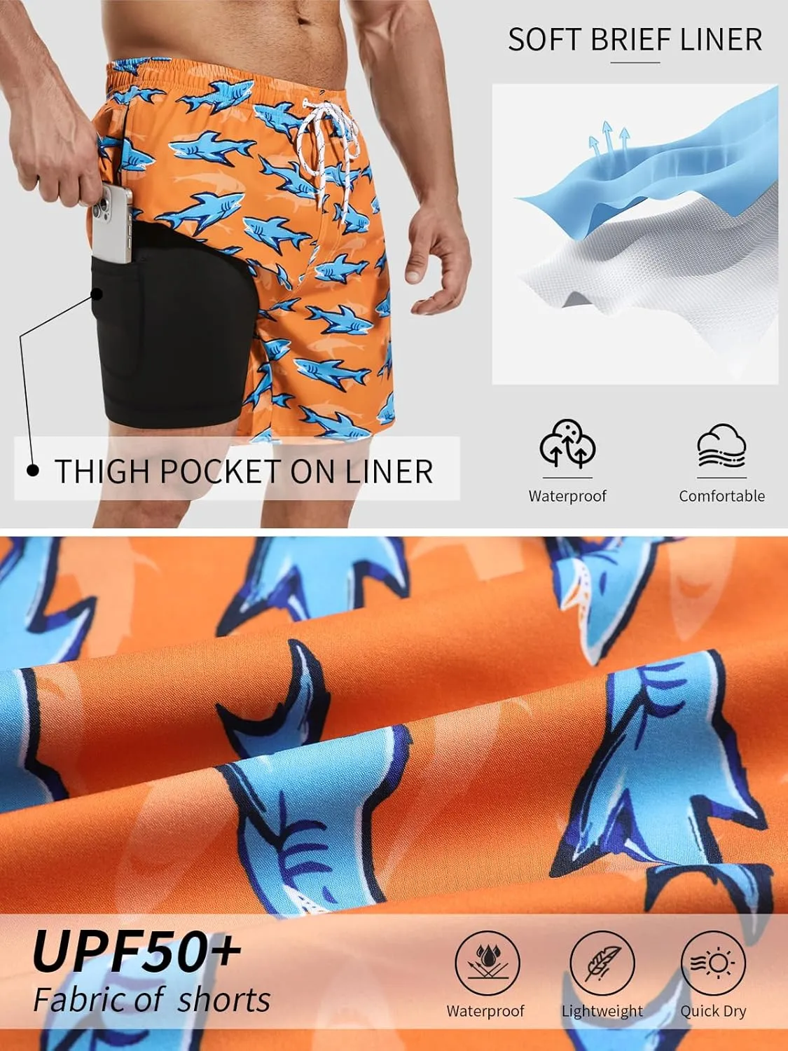 Mens Swim Trunks with Compression Liner 7" Inseam Quick Dry Board Shorts Swim Shorts Bathing Suits