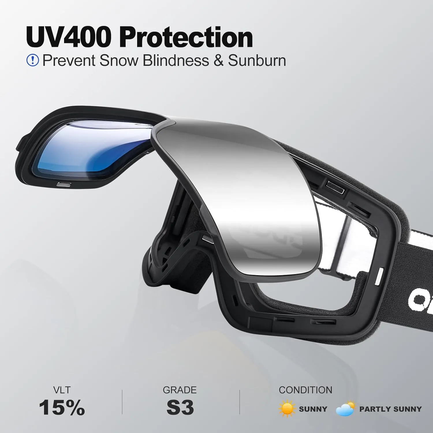 Odoland Flip Up Ski Goggles, OTG Anti-Fog Snow Goggles with UV400 Protection, Snowboard Goggles for Men Women Adult Youth