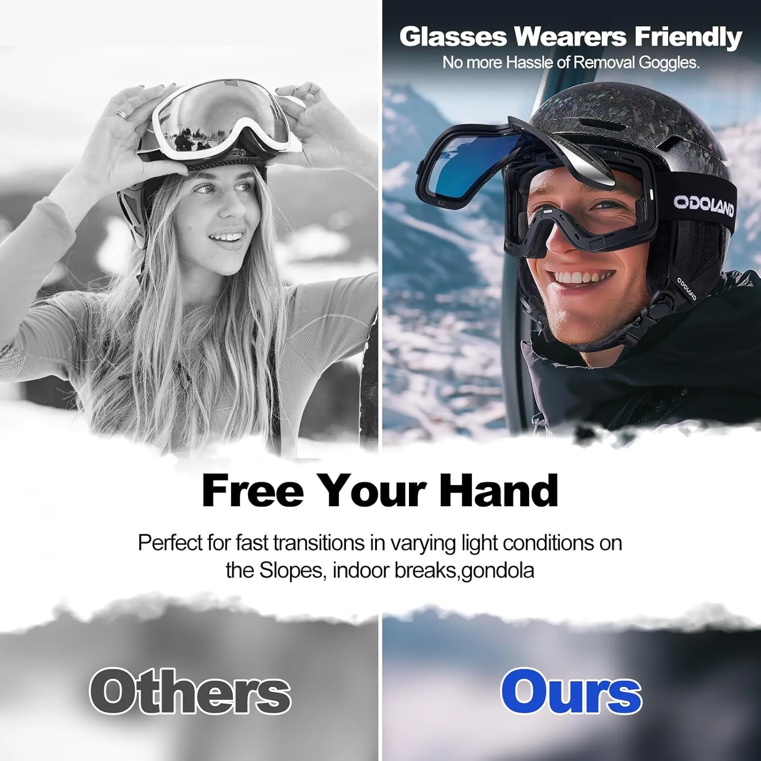 Odoland Flip Up Ski Goggles, OTG Anti-Fog Snow Goggles with UV400 Protection, Snowboard Goggles for Men Women Adult Youth