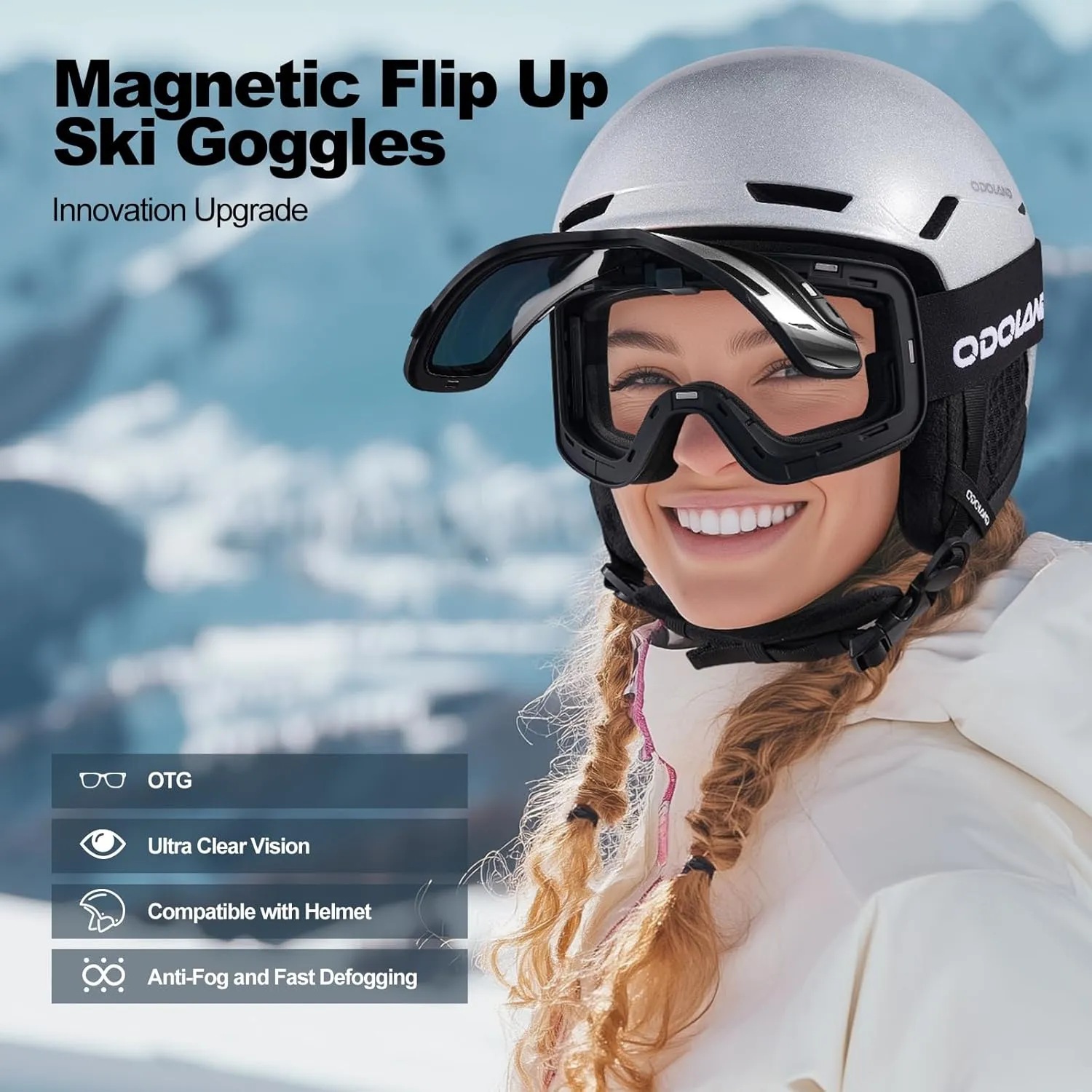 Odoland Flip Up Ski Goggles, OTG Anti-Fog Snow Goggles with UV400 Protection, Snowboard Goggles for Men Women Adult Youth