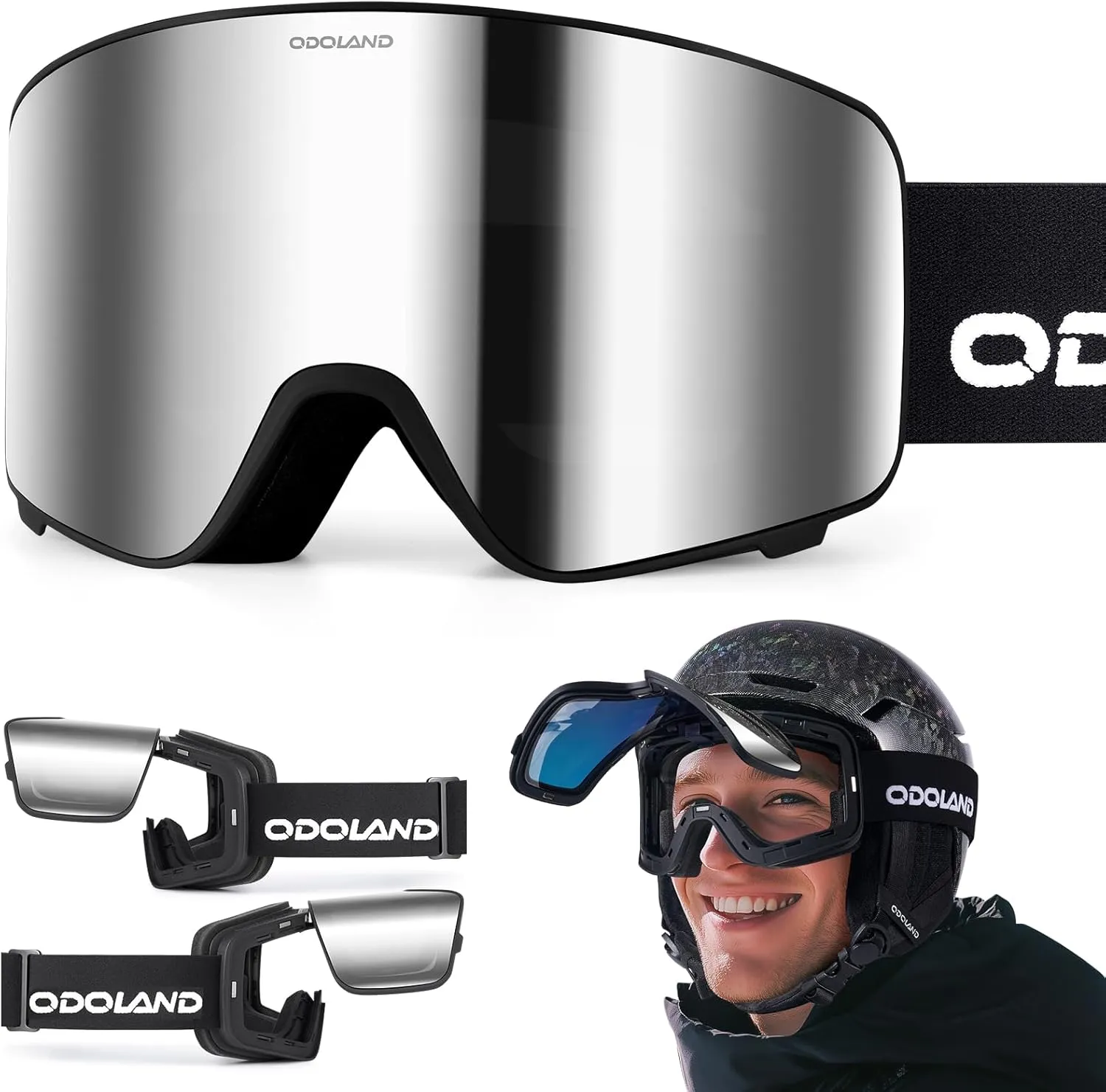 Odoland Flip Up Ski Goggles, OTG Anti-Fog Snow Goggles with UV400 Protection, Snowboard Goggles for Men Women Adult Youth