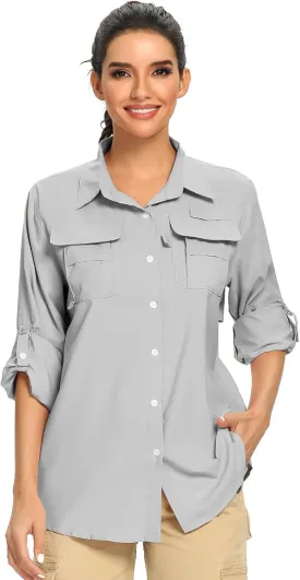 Women's UPF 50  UV Sun Protection Safari Shirt, Long Sleeve Outdoor Cool Quick Dry Fishing Hiking Gardening Shirts