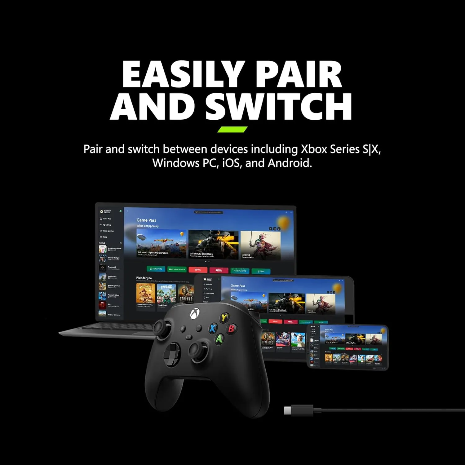 Xbox Wireless Gaming Controller   USB-C Cable (2025)  Carbon Black  Play on Xbox, Windows, Android, iOS, FireTV Sticks, Smart TVs, VR Headsets